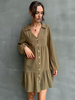 Robe Droite Courte à Col Revers avec Manches Longues Amples Bas Evasée Unicolore Robe Femme