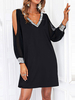 Robe Droite Courte en Paillette Femme à Col V avec Manches Longues avec Epaule Dénudée Bicolores