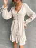 Robe Droite Courte Femme à Col Décolleté en V avec Manches Longues Amples Coupe Cintrée Bas Evasée Unicolore