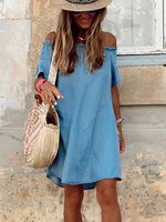 Robe Droite Courte Femme à Col Décolleté Epaule Dénudée avec Manches Courtes Bas Evasée Unicolore Robe Eté Sexy