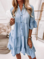 Robe Droite Courte Femme à Col V avec Manches Courtes Volantes Bas Evasée Unicolore