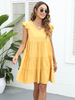 Robe Droite Courte Femme avec Manches Courtes à Col V Bas Evasée Unicolore