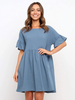 Robe Droite Courte Femme avec Manches Courtes Volantes avec Poches Bas Evasée