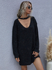 Robe Droite Courte Femme avec Manches Longues à Col Décolleté en V Unicolore Robe Courte Sexy