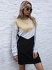 Robe Droite Courte Femme avec Manches Longues à Col Rond Tricolores Robe Femme