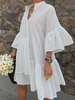 Robe Droite Courte Femme avec Manches Mi-longues Volantes à Col V Bas Evasée Unicolore Robe Eté