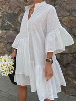 Robe Droite Courte Femme avec Manches Mi-longues Volantes à Col V Bas Evasée Unicolore Robe Eté