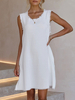 Robe Droite Courte Femme Eté à Col Rond avec Bretelles Bas Evasée Unicolore avec Boutons avec Franges Robe Eté