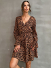 Robe Droite Courte Femme Imprimé Léopard à Col V avec Manches Longues Amples Coupe Cintrée