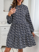Robe Droite Courte Imprimé Femme avec Manches Longues à Col Rond Bas Evasée Bicolores