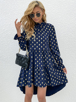 Robe Droite Courte Imprimé Pois à Col Rond avec Manches Longues Amples Bas Evasée Bicolores Robe Femme
