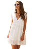 Robe Droite en Dentelle Femme Courte Décontracté à Col V avec Manches Courtes Volantes Bas Evasée Unicolore Robe Eté Blanche