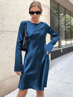 Robe Droite en Satin Courte Femme à Col Rond avec Manches Longues Coupe Cintrée Unicoolore