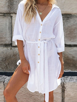 Robe Droite Femme Courte à Col Revers avec Manches Longues Coupe Cintrée à Lacets avec Boutons Unicolore Robe Eté