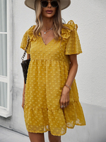 Robe Droite Femme Courte Femme à Col V avec Manches Courtes Bas Evasée Unicolore