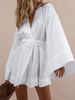 Robe Droite Femme Sexy Courte Eté à Col Décolleté en V avec Manches Longues Volantes Coupe Cintrée Bas Evasée Unicolore Robe Eté