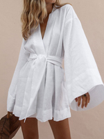 Robe Droite Femme Sexy Courte Eté à Col Décolleté en V avec Manches Longues Volantes Coupe Cintrée Bas Evasée Unicolore Robe Eté
