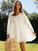 Robe Droite Femmes à Col V avec Manches Longues Amples Coupe Cintrée Bas Evasée Fermeture avec Boutons en Cotons