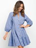 Robe Droite Femmes à Col V Carreaux avec Manches Mi-Longues Amples Coupe Cintrée Bas Evasée Fermeture avec Boutons en Cotons