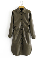 Robe Droite Femmes à Cuir Synthétique Vernis à Col Revers Fermeture avec Boutons avec Manches Longues Unicolore