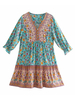 Robe Droite Femmes Courte Imprimé avec Fleurs à Col V avec Manches Mi-Longues Volantes Bas Evasée