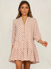 Robe Droite Imprimé Courte à Col V avec Manches Longues Amples Bas Evasée Bicolores Robe Femme
