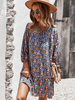 Robe Droite Imprimé Courte à Col V avec Manches Longues Amples Coupe Cintrée Bas Evasée Bicolores Robe Femme