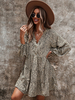 Robe Droite Imprimé Courte à Col V avec Manches Longues Amples Coupe Cintrée Bas Evasée Bicolores Robe Femme