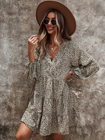Robe Droite Imprimé Courte à Col V avec Manches Longues Amples Coupe Cintrée Bas Evasée Bicolores Robe Femme
