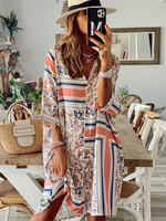 Robe Droite Imprimé Eté à Col V avec Manches Courtes avec Boutons Multicolores Robe Eté Robe de Plage