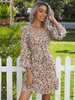 Robe Droite Imprimé Fleurie Femme Courte à Col V avec Manches Longues Volantes Coupe Cintrée Robe Eté Robe de Patineuse