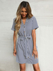 Robe Droite Imprimé Rayures Courte à Col Revers avec Manches Courtes Coupe Cintrée à Lacets Bicolores Robe Eté