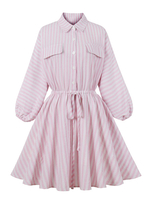 Robe Droite Imprimé Rayures Courte Femme à Col Revers avec Manches Longues Amples Coupe Cintrée à Lacets Bas Evasée Bicolores