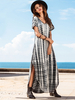 Robe Droite Imprimés Rayures à Col V avec Manches Courtes avec Fente Bicolores avec Poches Robe Maxi Robe de Plage