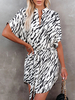 Robe Droite Imprimés Rayures Femmes Eté Sexy Courtes à Col Revers avec Manches Courtes Coupe Cintrée à Lacets Bicolores Robe Eté Sexy