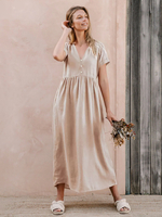 Robe Droite Longue Abricot Col En V Boutons Coton Oversize Manches Courtes