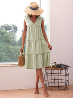 Robe Droite Mi-longue Femme à Col V avec Manches Courtes Unicolore Bas Evasée