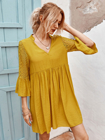 Robe Droites Femme Courtes à Col V avec Les Manches Mi-Longues Volantes Courte Bas Evasée Robe Droites Femme