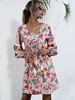 Robe Droites Femme Courts à Col Rond à Lacets Imprimé Les Fleurs avec Les Manches Longues Lanterne en Cotons