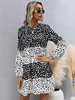 Robe Droites Femme Courts à Col Rond Imprimé Les Pois avec Les Manches Longues Lanterne Bas Evasée en Cotons