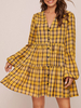 Robe Droites Femme Courts à Col V Carreaux Bicolores avec Les Manches Longues Lanterne Robe Droites Femme