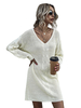 Robe Droites Pull en Maille Côtelés Femme à Col V Courte avec Les Manches Longues Unicolore Ivoire Sexy