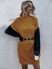 Robe Droites Pull en Maille Femme à Col Montant Courte Ceinturé Cousu Noir et Orange Foncé avec Les Manches Longues Sexy
