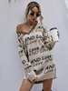 Robe Droites Pull en Maille Femme à Col V avec Epaules Nus Courte avec Les Franges Imprimé Les Mote Abricot avec Les Manches Longues Sexy
