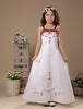 Robe du cortège enfant blanc dentelle brodée bretelles spaghetti satin étage longueur première robe de communion