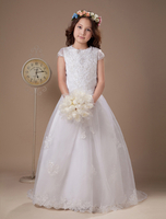 Robe du cortège enfant boule blanche en satin avec col rond