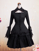 Robe en coton noir Lolita OP Lace Trim Hime Long manches Déguisements Halloween