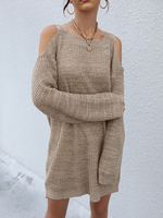 Robe en Côtelé Court à Col Rond avec Manches Longues avec Epaule Dénudée Unicolore Robe Pull
