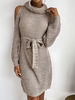 Robe en Côtelé Courte à Col Montant avec Manches Longues avec Epaule Dénudée Coupe Cintrée à Lacets Unicolore Robe Pull