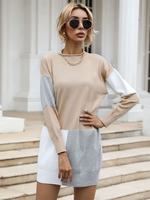 Robe en Côtelé Courte à Col Rond avec Manches Longues Tricolores Robe Pull